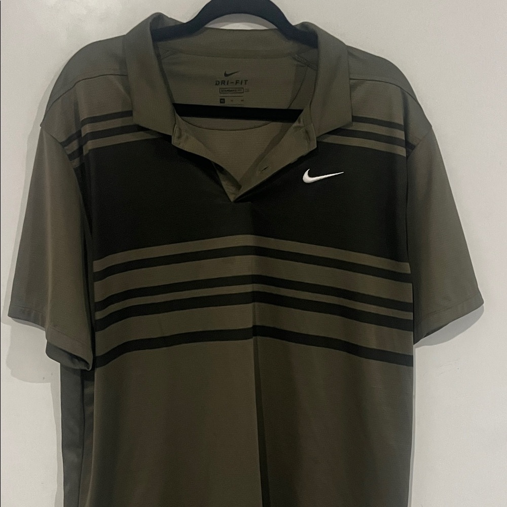 Nike Men's Olive and Black Striped Polo Golf Shirt